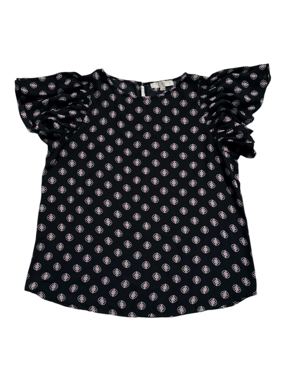LOFT Medallion Flutter Sleeve Blouse Black Pink Large L Pristine